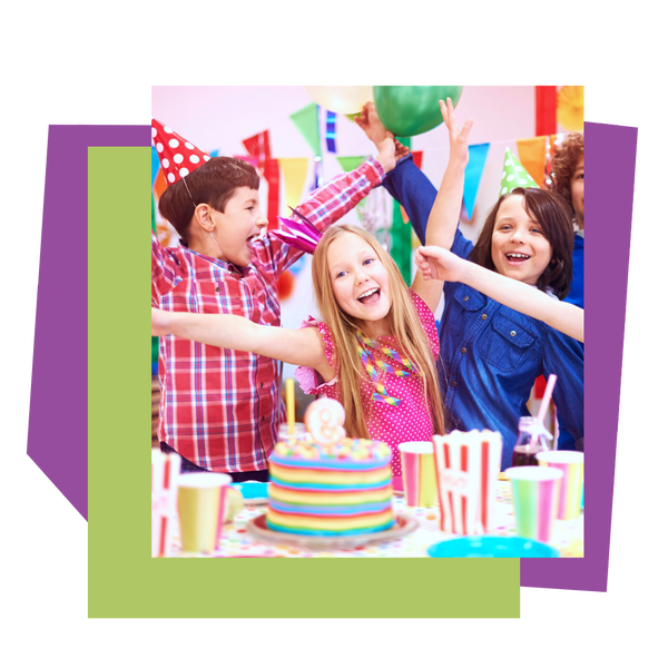 Children celebrating a birthday party with a cake and balloons.
