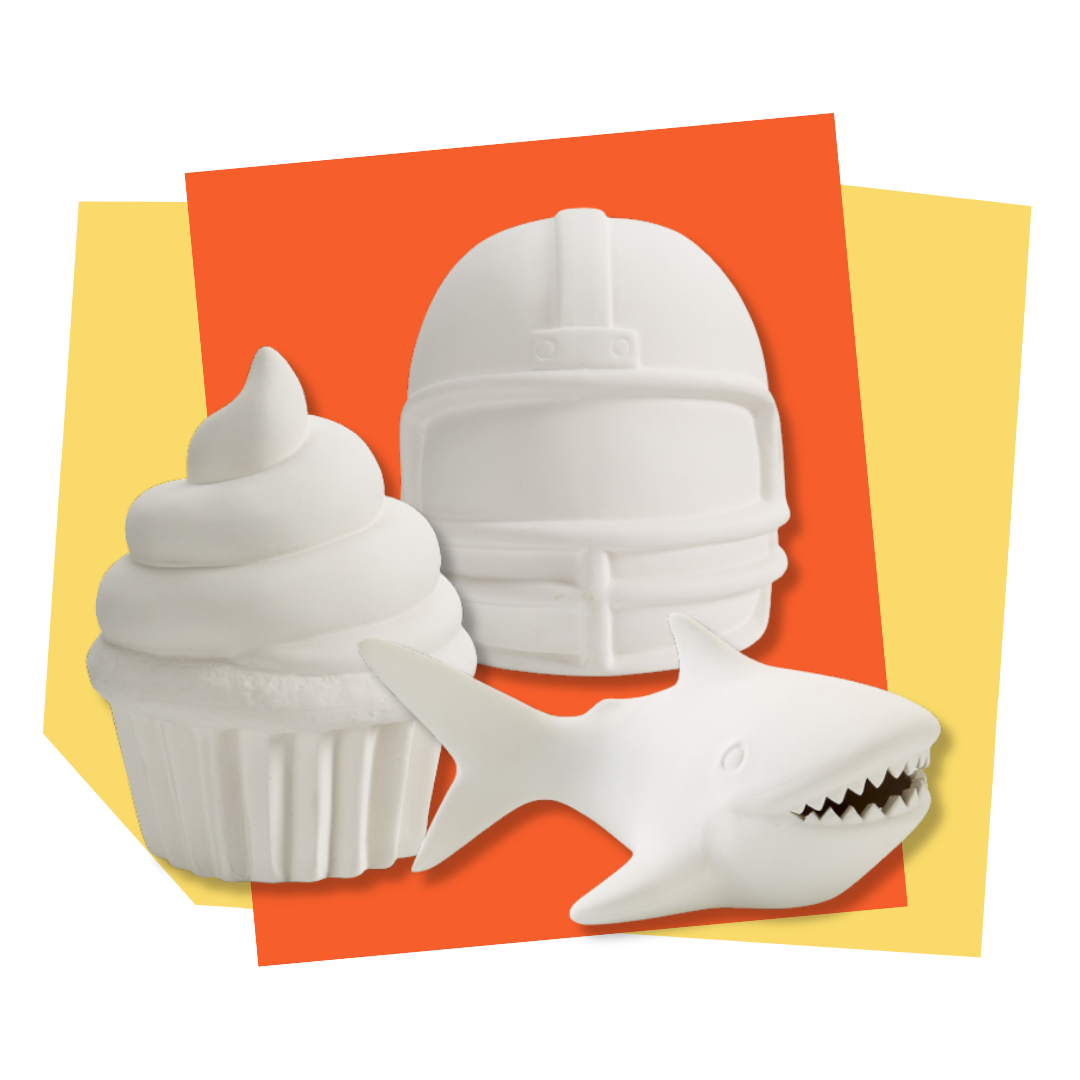 Unpainted coin banks on a yellow and orange background