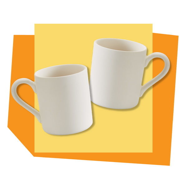 Two unpainted mugs on a yellow and orange background