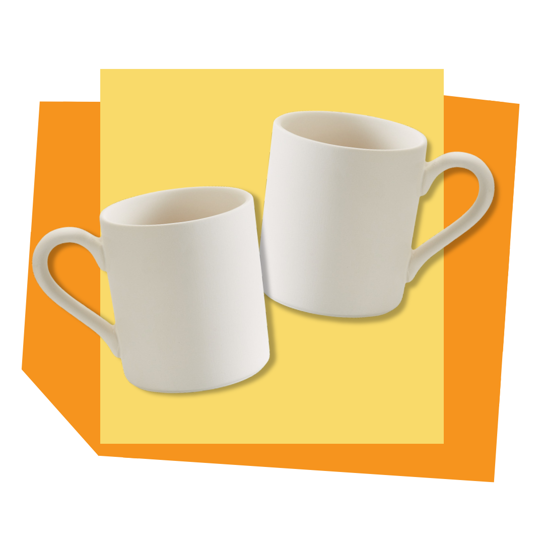 Two unpainted mugs on a yellow and orange background