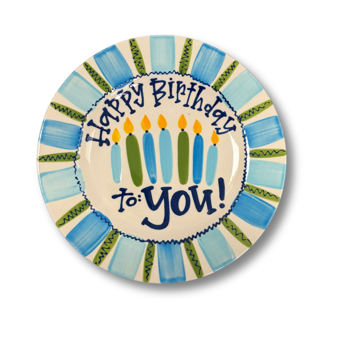 Decorative plate with 'Happy Birthday to You!' text and candles on a striped background
