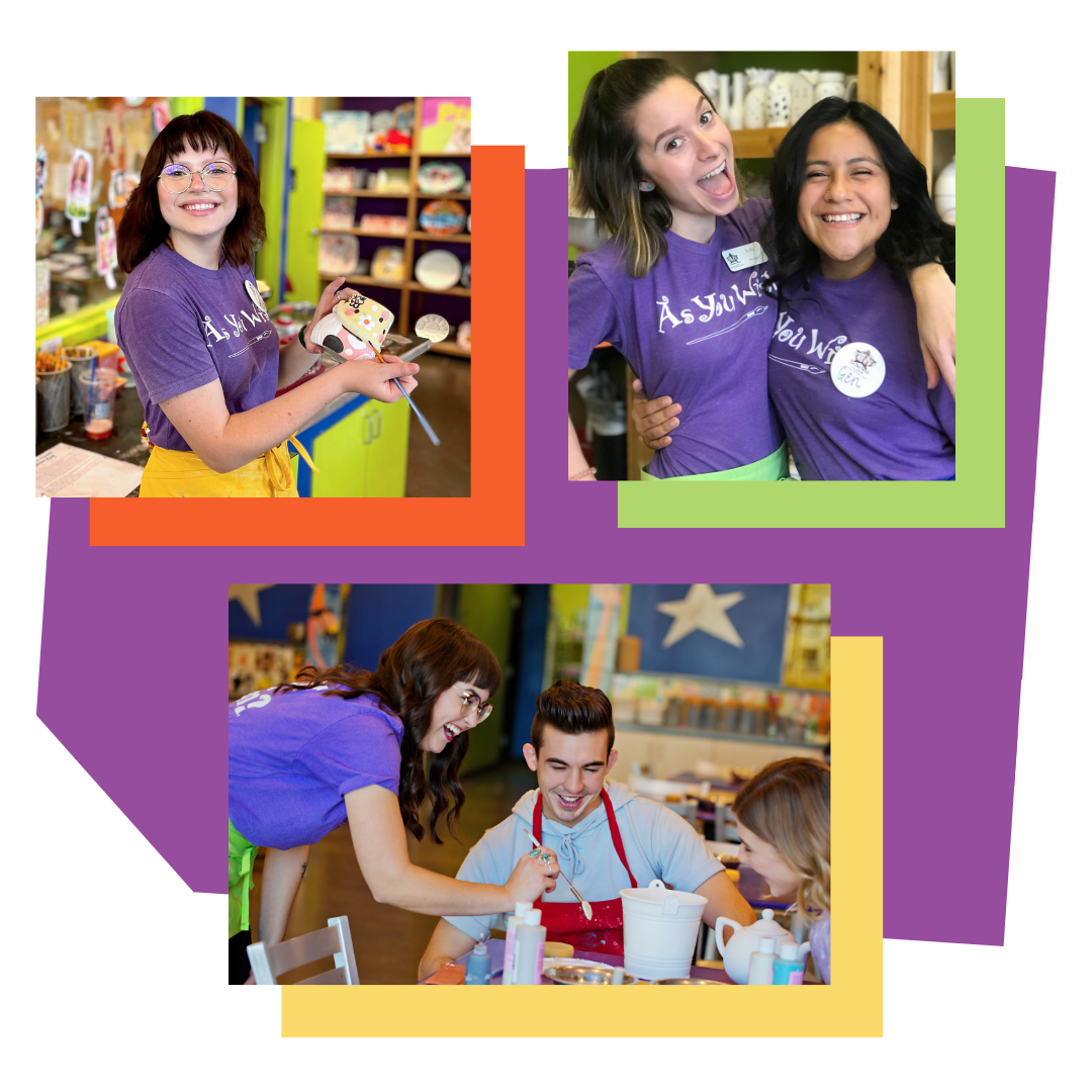 Collage of As You Wish employees wearing purple shirts in a store setting