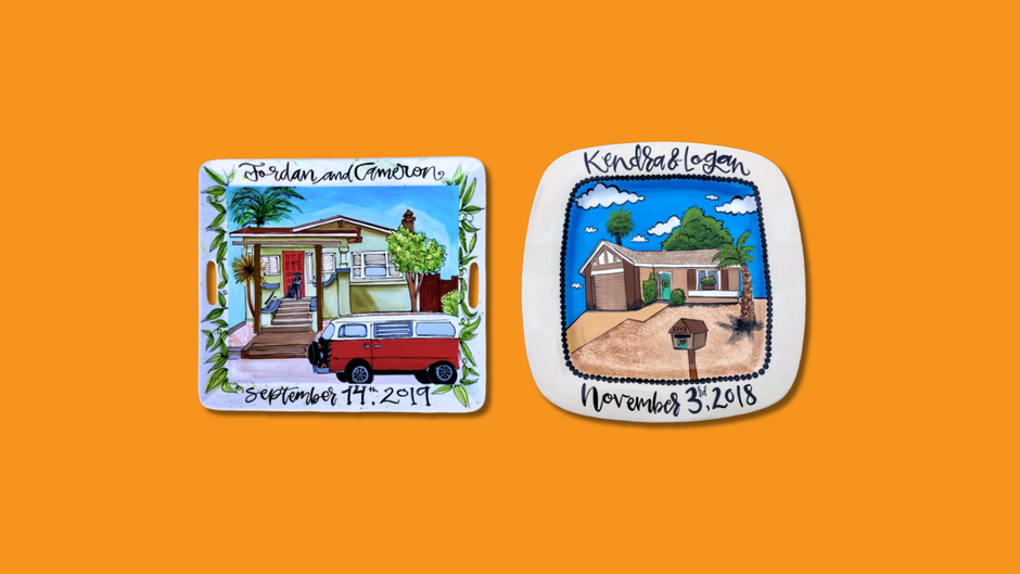 Two decorative plates with house illustrations and text on an orange background