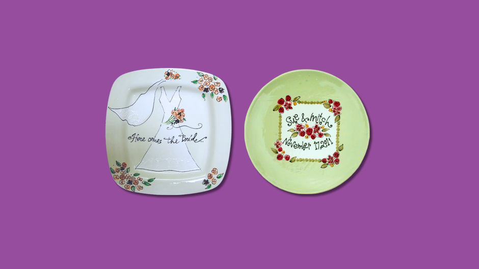 Two decorative plates with wedding-themed designs on a purple background