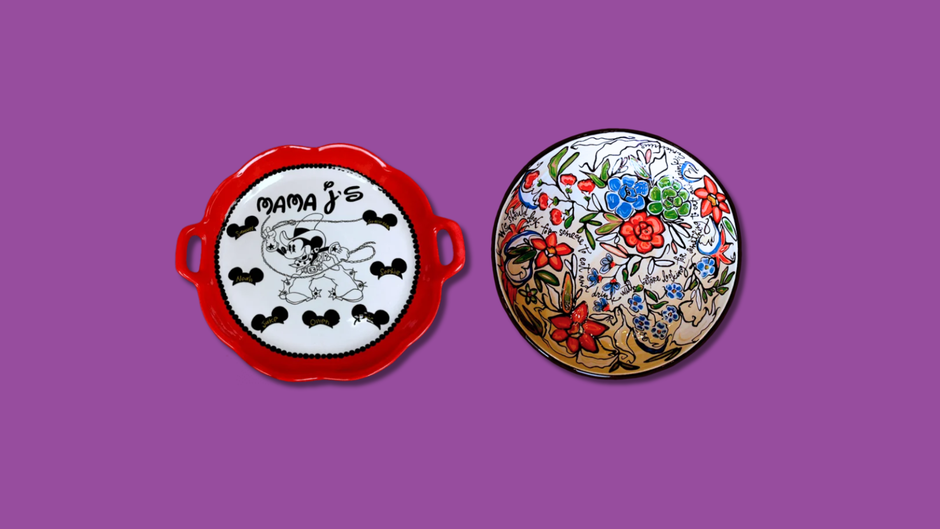 Two decorative plates on a purple background, one with a cartoon design and the other with floral patterns.