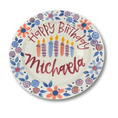 Load image into Gallery viewer, Round ceramic plate with 'Happy Birthday Michaela' text, colorful flowers, and candles on a white background
