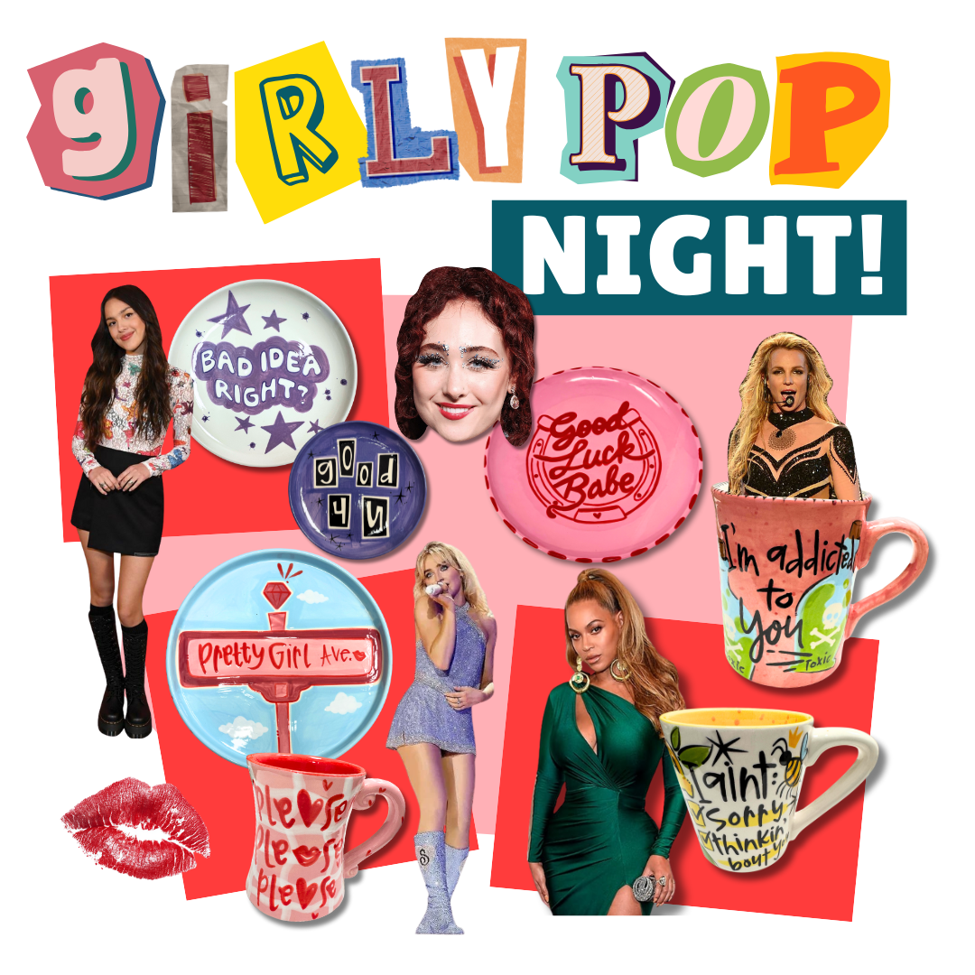 Collage of mugs, decorative plates, and women with 'Girly Pop Night!' text on a pink background.