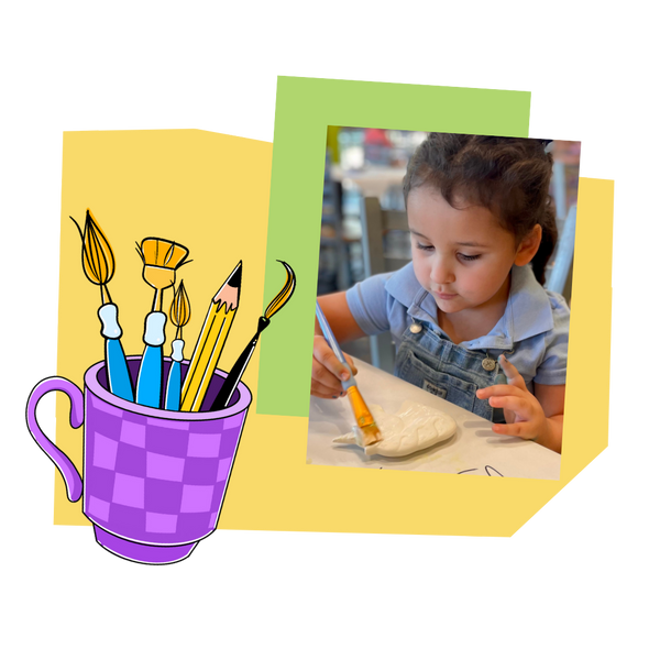 Illustration of a purple mug with art supplies and a photo of a child painting.