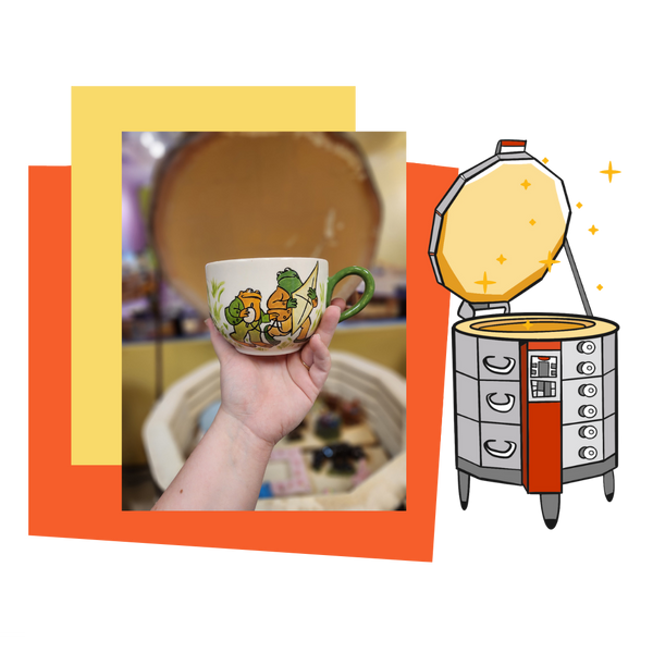 Person holding a mug with cartoon characters, cartoon kiln, and colorful border