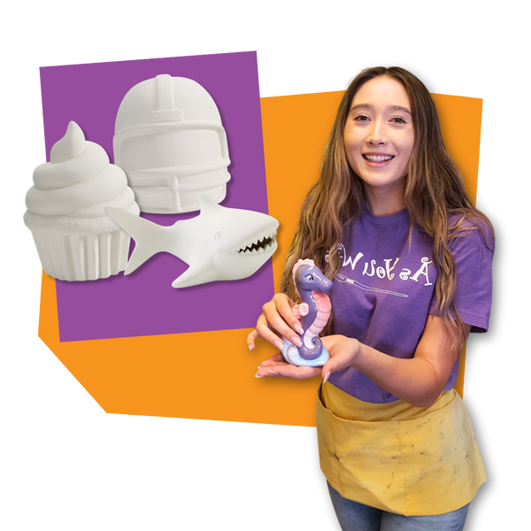 Woman holding a ceramic seahorse with a purple background showing blank pottery pieces