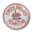 Load image into Gallery viewer, Personalized birthday plate with a cake design and 'Happy Birthday Maddison' text on a white background.

