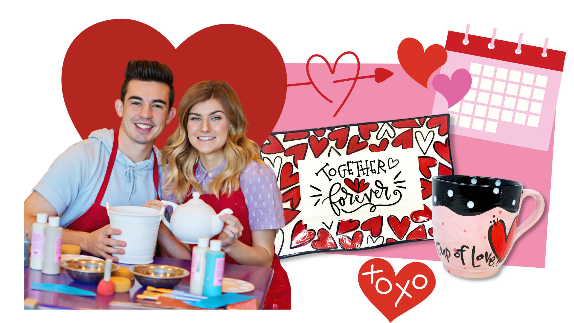 Valentine's Day-themed items including a couple, a painted mug, and a calendar with hearts and 'Together Forever' text on a platter.